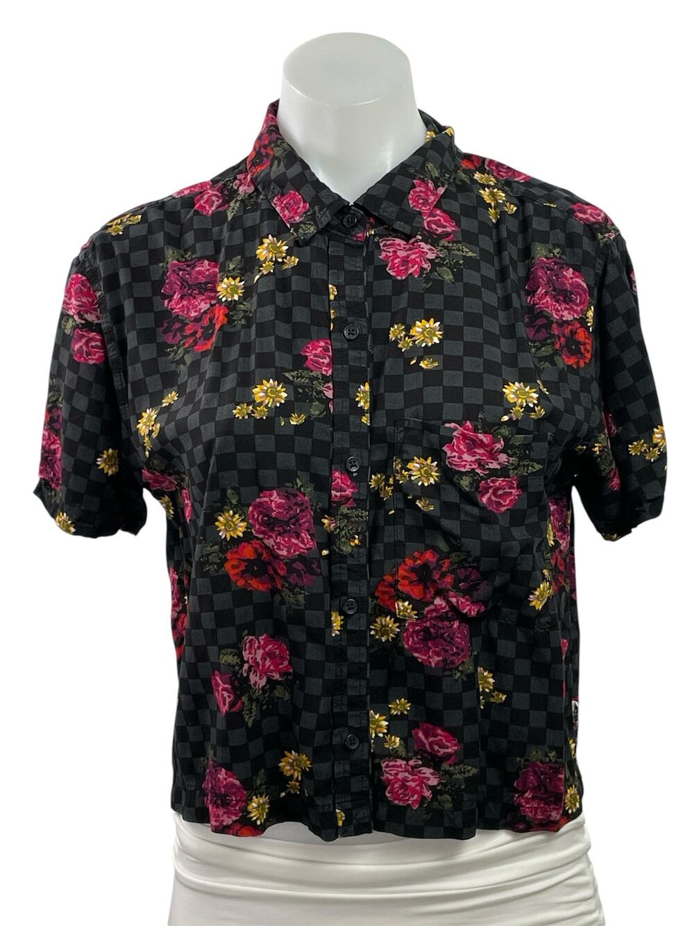 Vans Black Check Gingham Floral Short Sleeve Cropped Button Down Shirt Top Sz M
